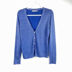 Melvin Blue Metallic Shimmery Cardigan Sweater Elbow Patches Size 42